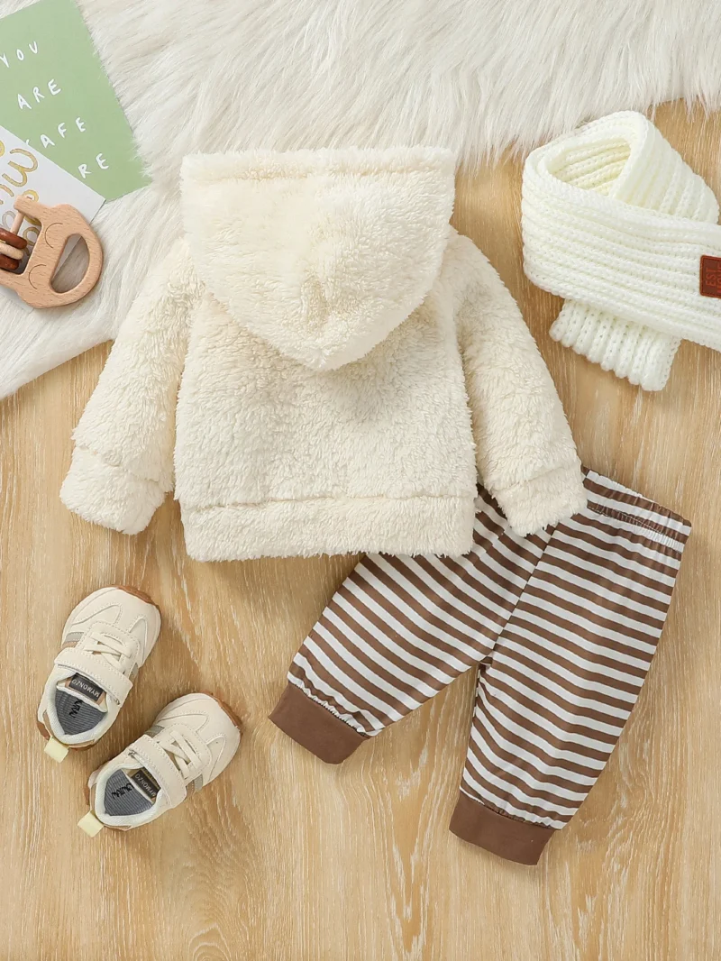 Baby Boy Hooded Plush Coat & Striped Pants Set (0-6M) - Image 2