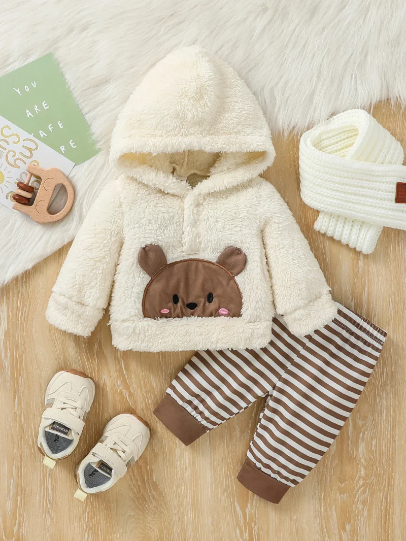 Baby Boy Hooded Plush Coat & Striped Pants Set (0-6M)
