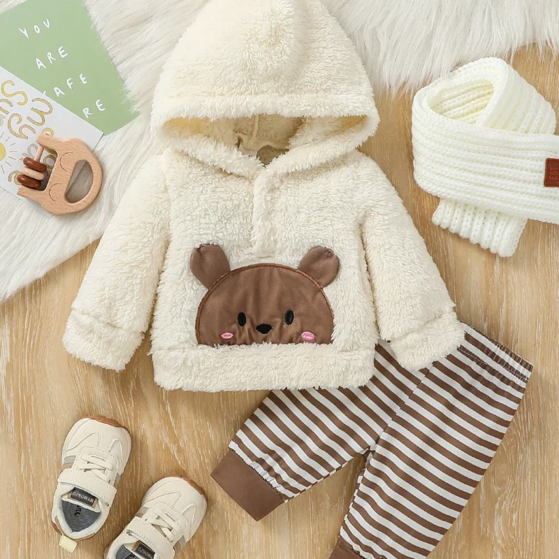 Baby Boy Hooded Plush Coat & Striped Pants Set (0-6M)
