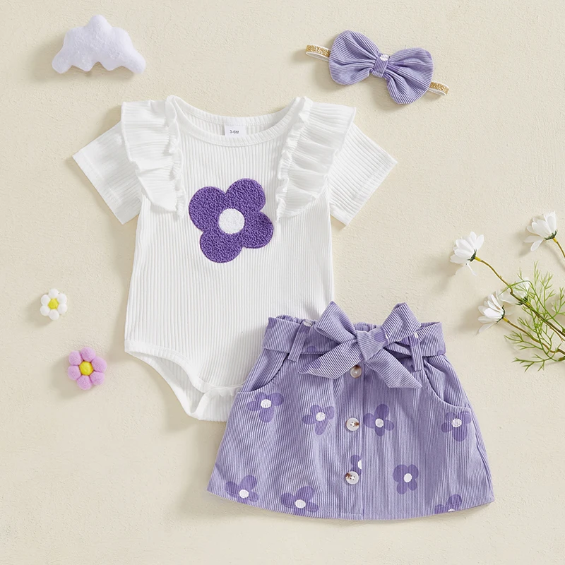 Baby Girl Floral Romper Set – Includes Skirt & Headband for Summer