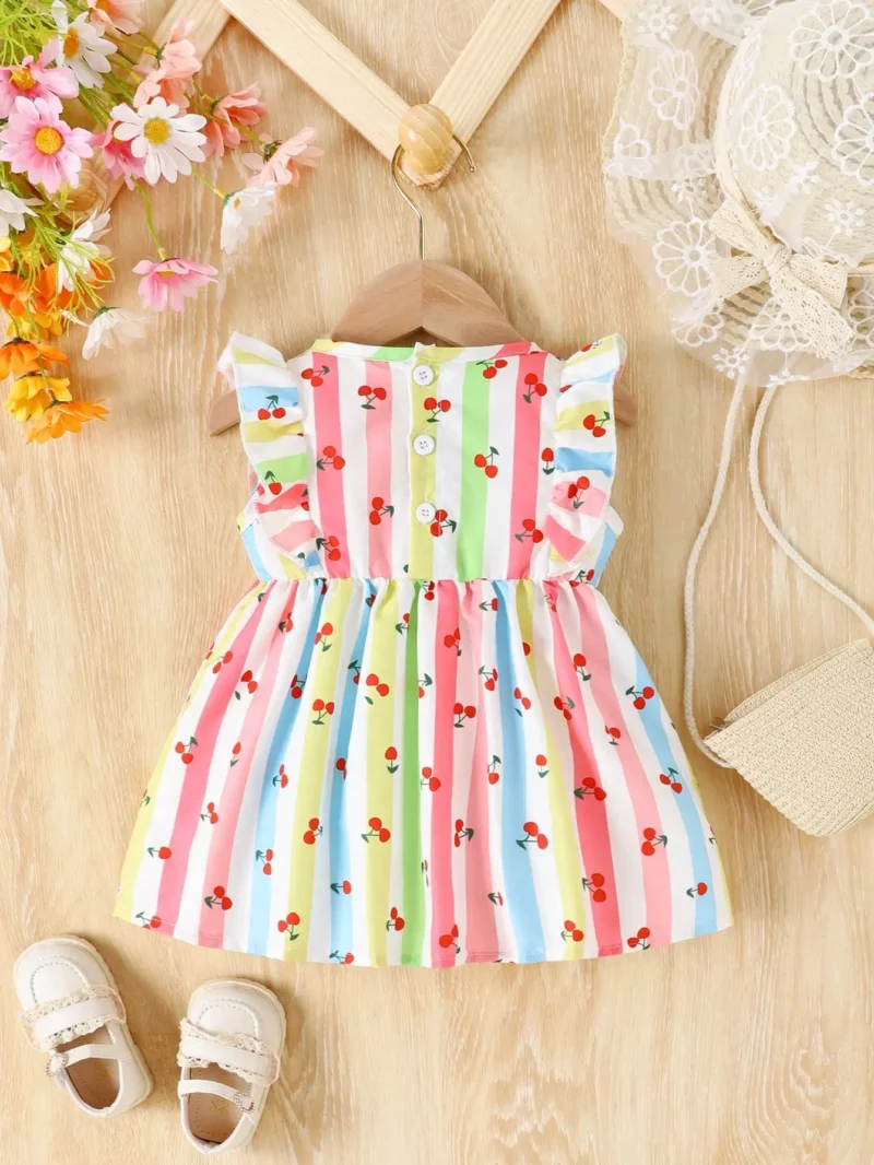Baby Girl Summer Dress – Cherry Stripe with Bow - Image 2