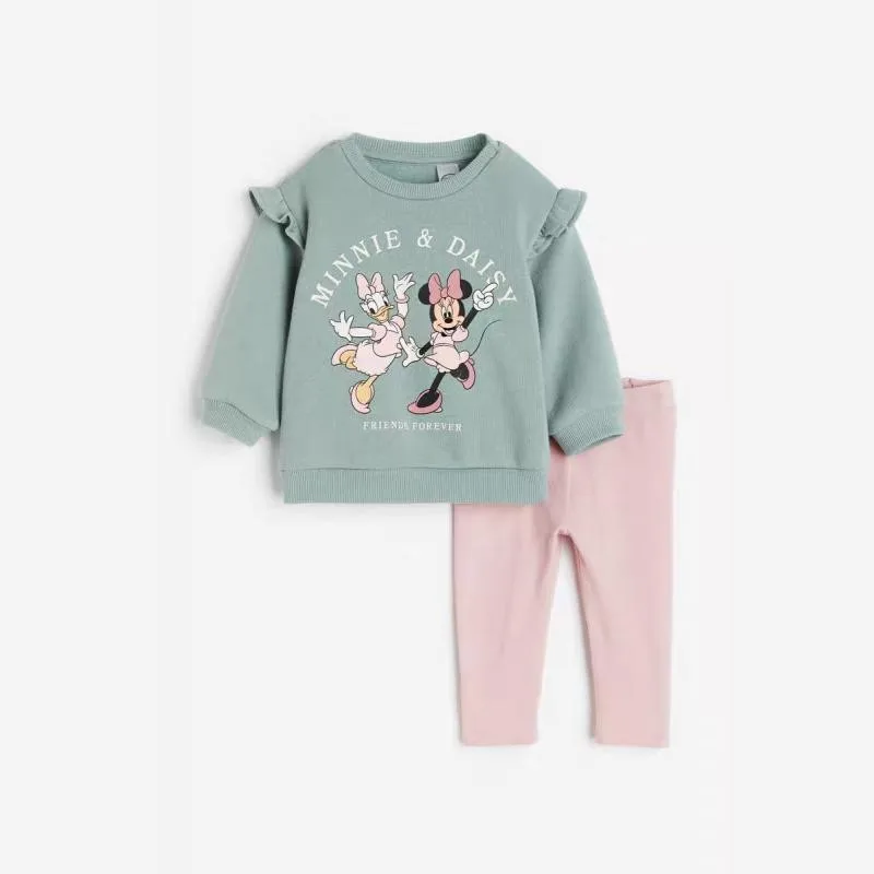 Girls Minnie Print Sweatshirt & Pants Set – Casual Sports Outfit