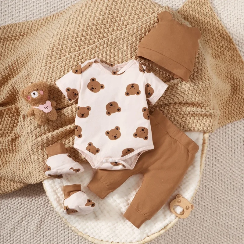 Boy 4PCS Bear Print Outfit – Bodysuit, Pants, Hat & Socks (0-9M)
