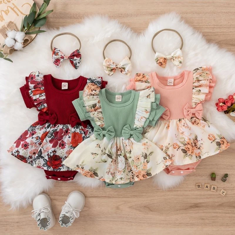 Baby Girl Cotton Dress – Striped Jumpsuit with Bow & Floral Details