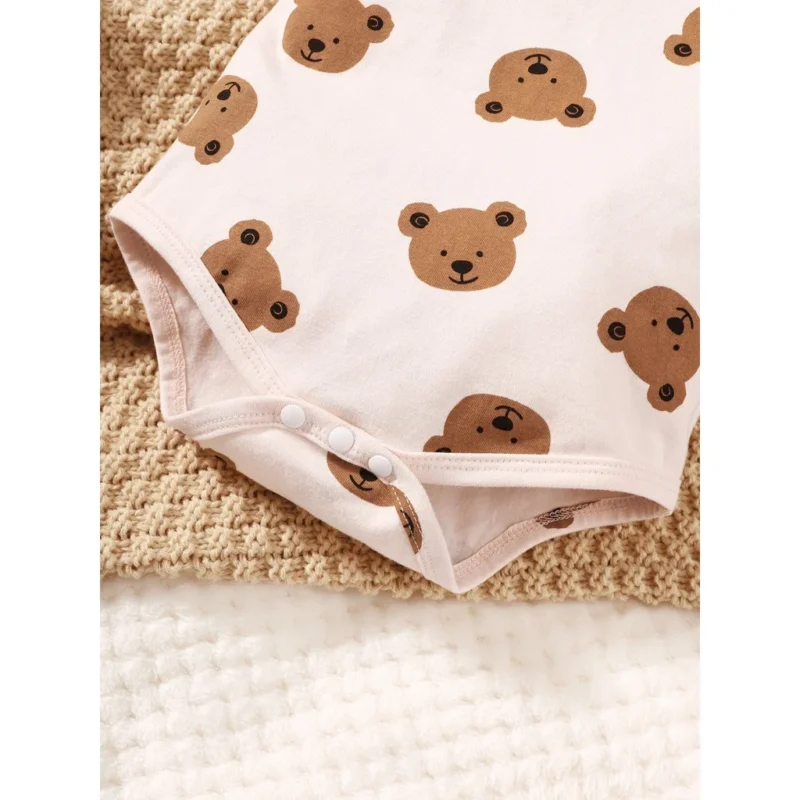 Boy 4PCS Bear Print Outfit – Bodysuit, Pants, Hat & Socks (0-9M) - Image 3
