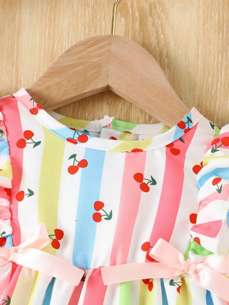 Baby Girl Summer Dress – Cherry Stripe with Bow - Image 3
