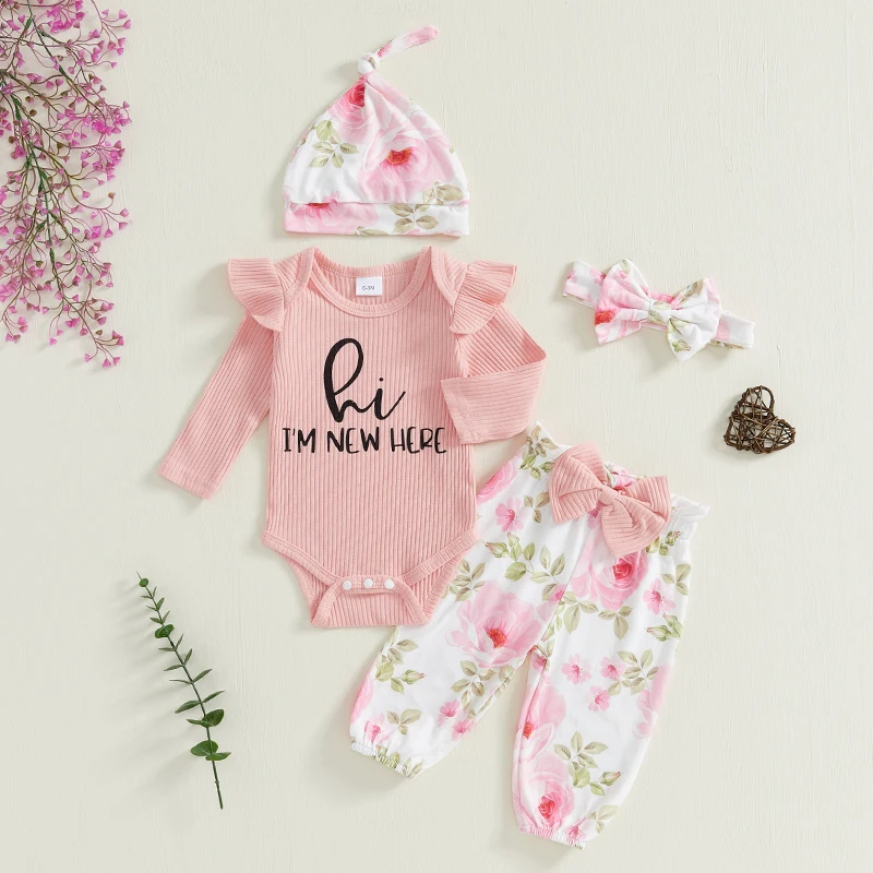 4-Piece Baby Girl Outfit – Letter Print Romper, Floral Pants, Headband & Hat