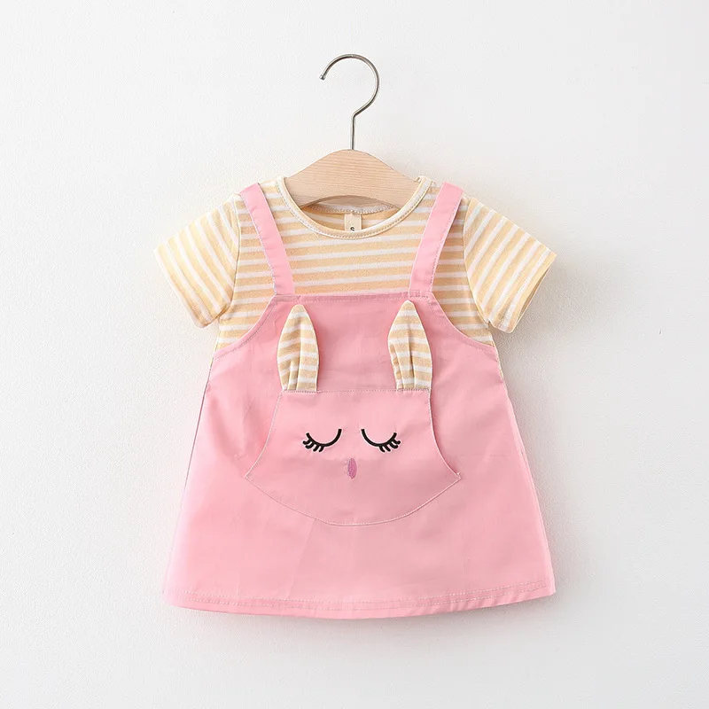 Baby Girl Cartoon Cat Dress – Striped Short Sleeve (0–3Y)