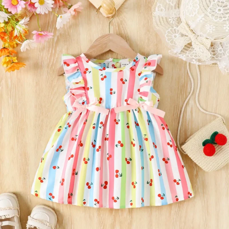 Baby Girl Summer Dress – Cherry Stripe with Bow